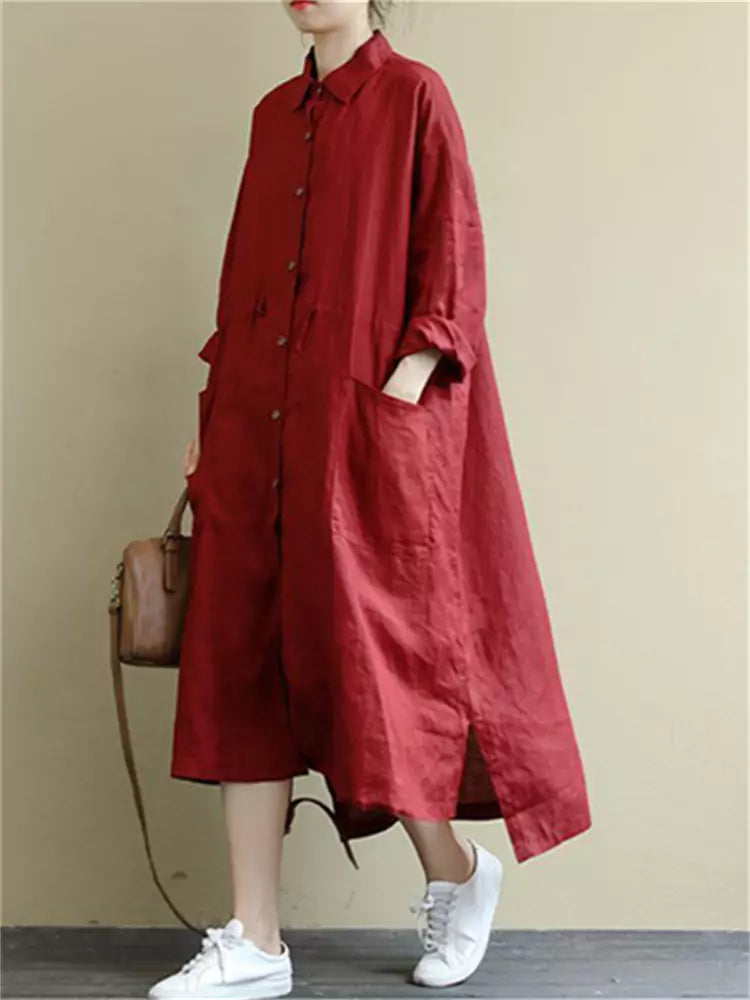 Chic Red Single-Breasted Linen Mid Shirt Dress