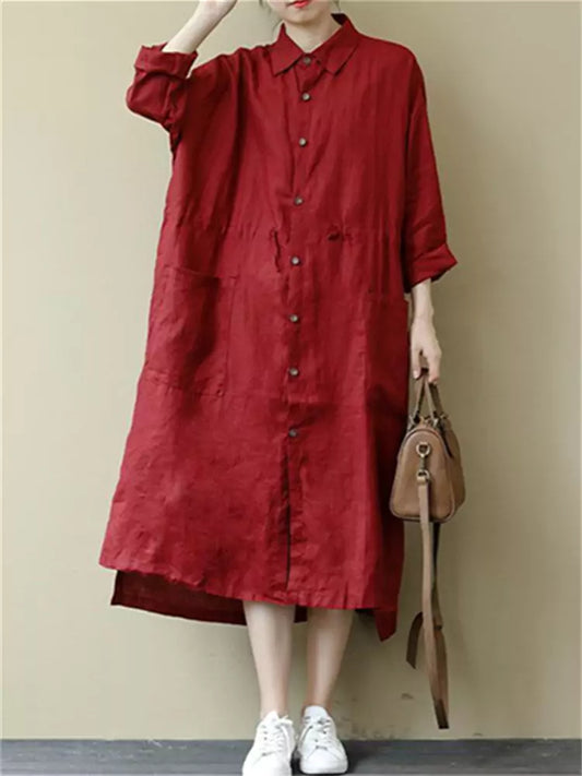 Chic Red Single-Breasted Linen Mid Shirt Dress