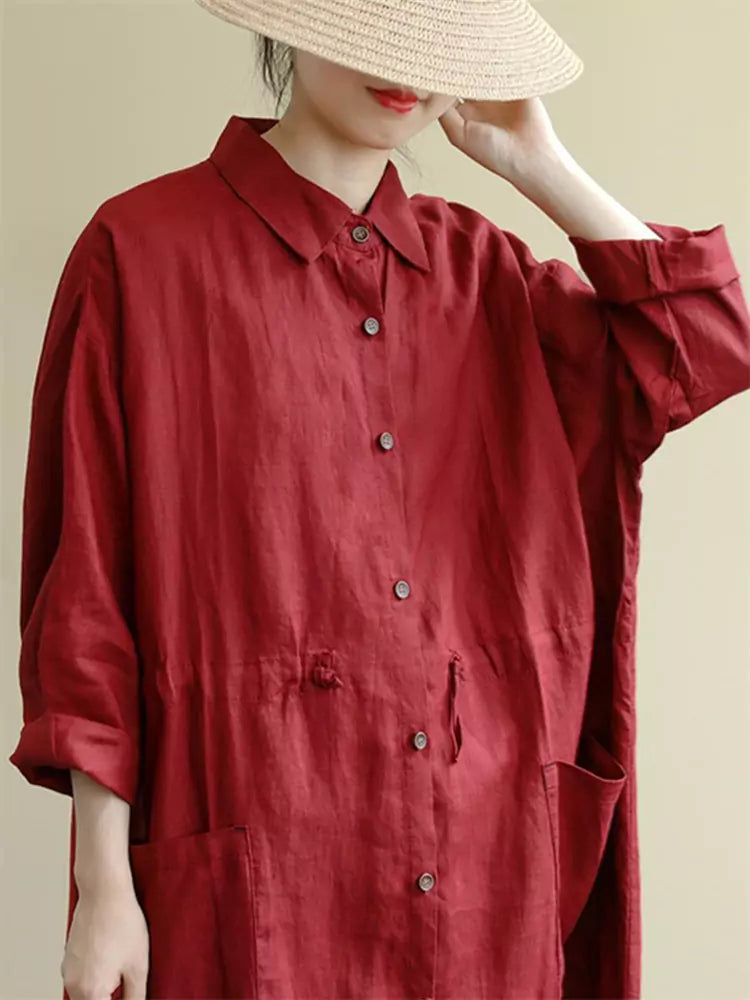 Chic Red Single-Breasted Linen Mid Shirt Dress