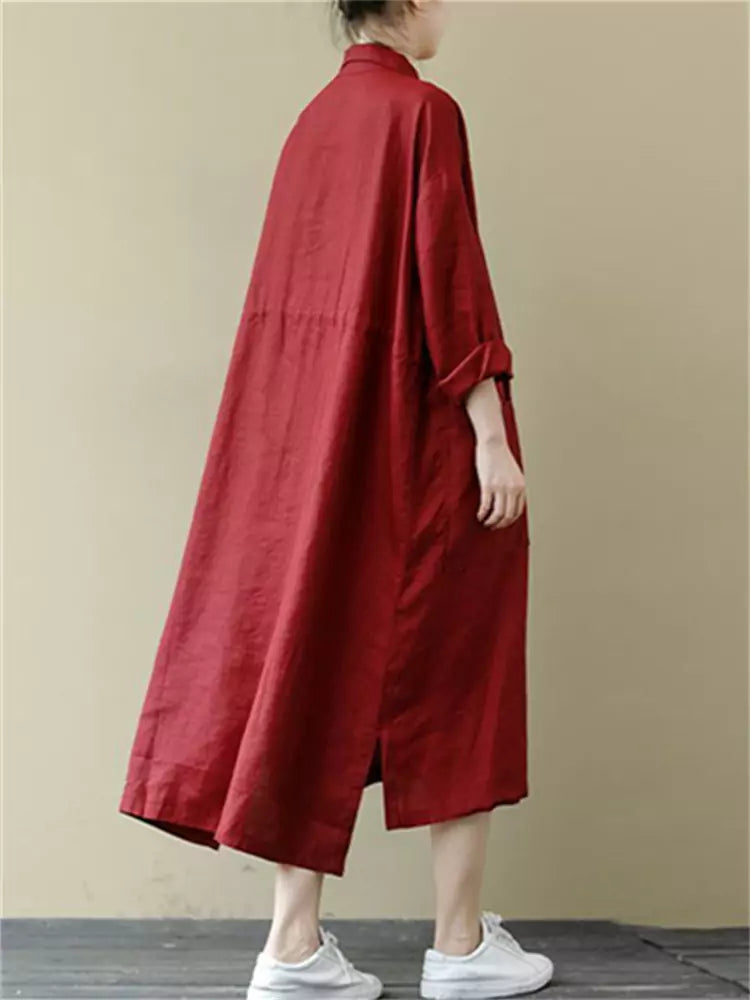 Chic Red Single-Breasted Linen Mid Shirt Dress