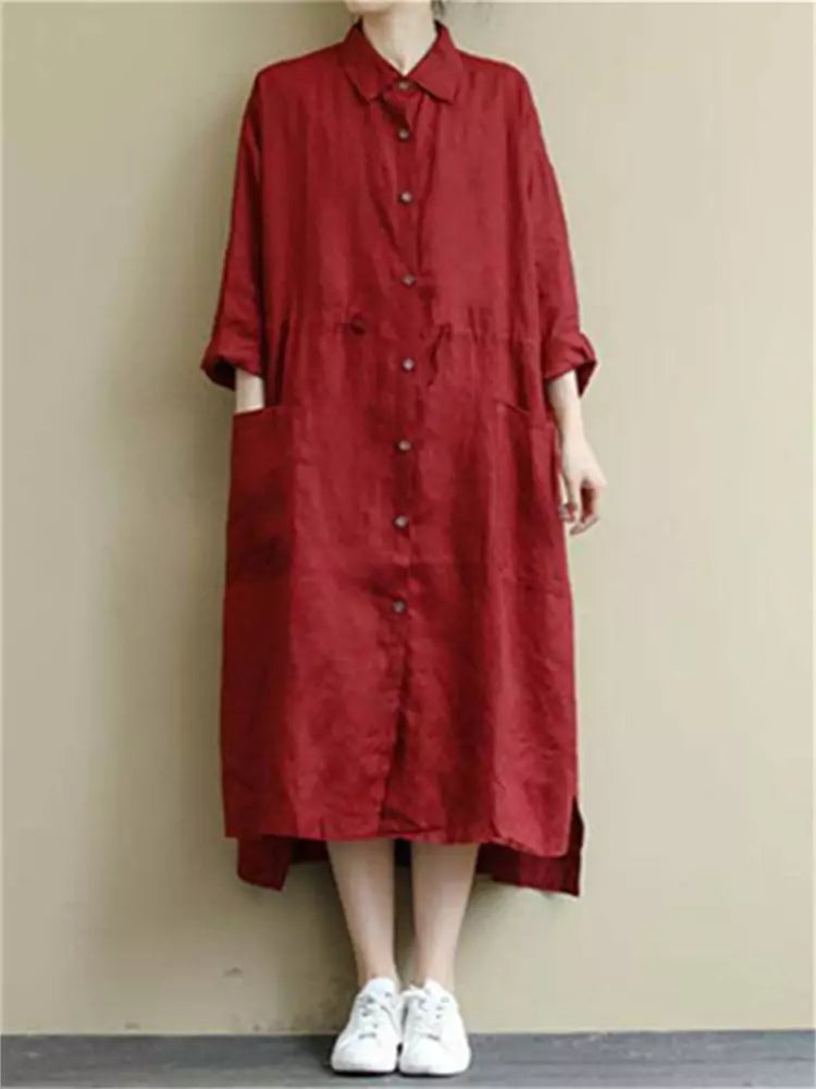 Chic Red Single-Breasted Linen Mid Shirt Dress