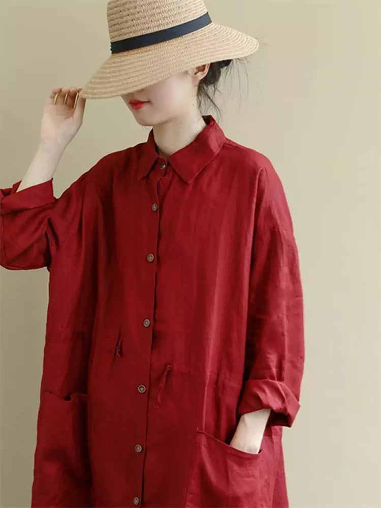 Chic Red Single-Breasted Linen Mid Shirt Dress