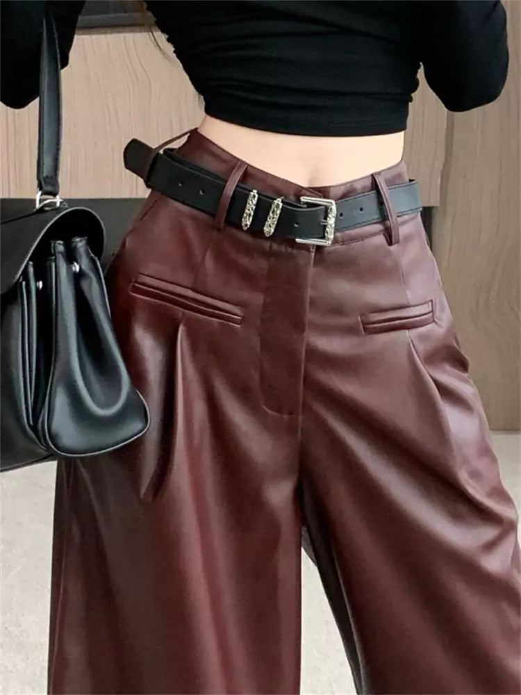 Vintage Angora Red PU Leather High Waist Wide Leg Pants Autumn/Winter