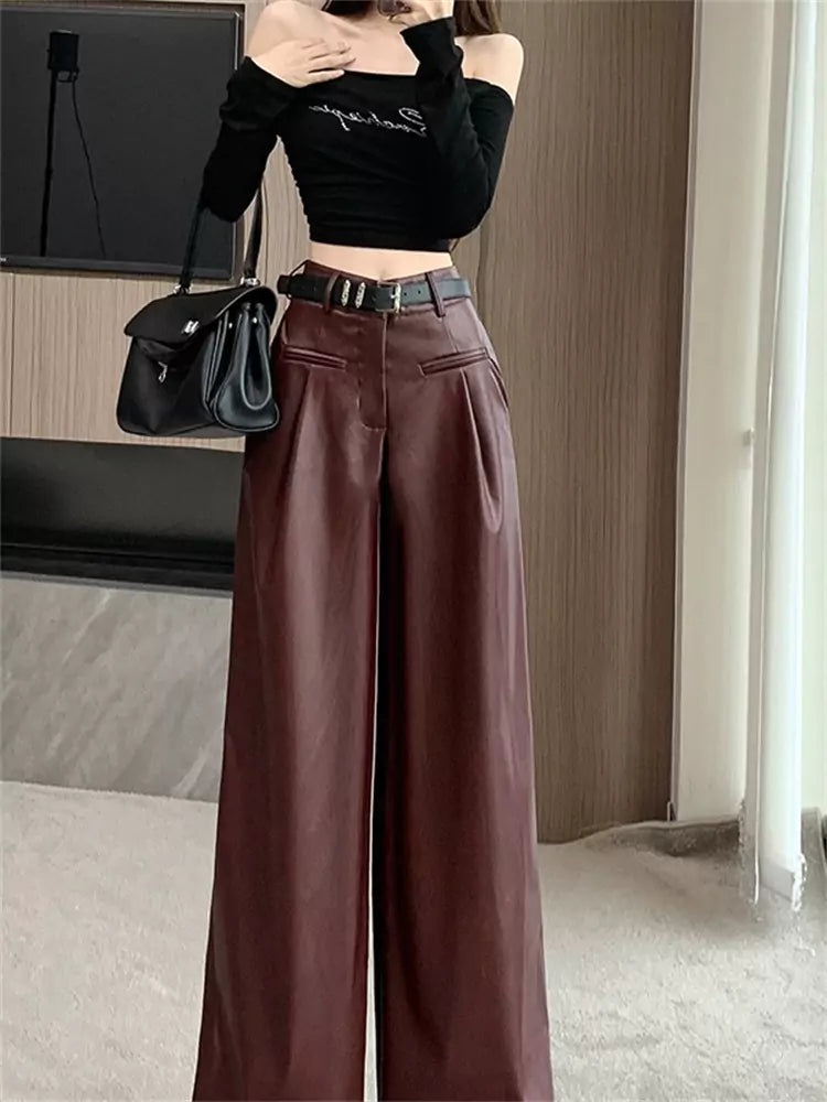 Vintage Angora Red PU Leather High Waist Wide Leg Pants Autumn/Winter