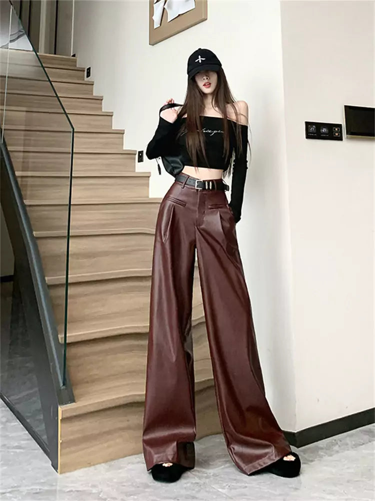 Vintage Angora Red PU Leather High Waist Wide Leg Pants Autumn/Winter