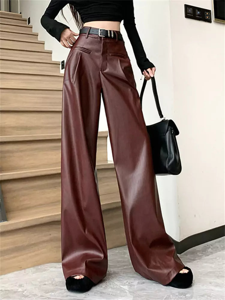 Vintage Angora Red PU Leather High Waist Wide Leg Pants Autumn/Winter