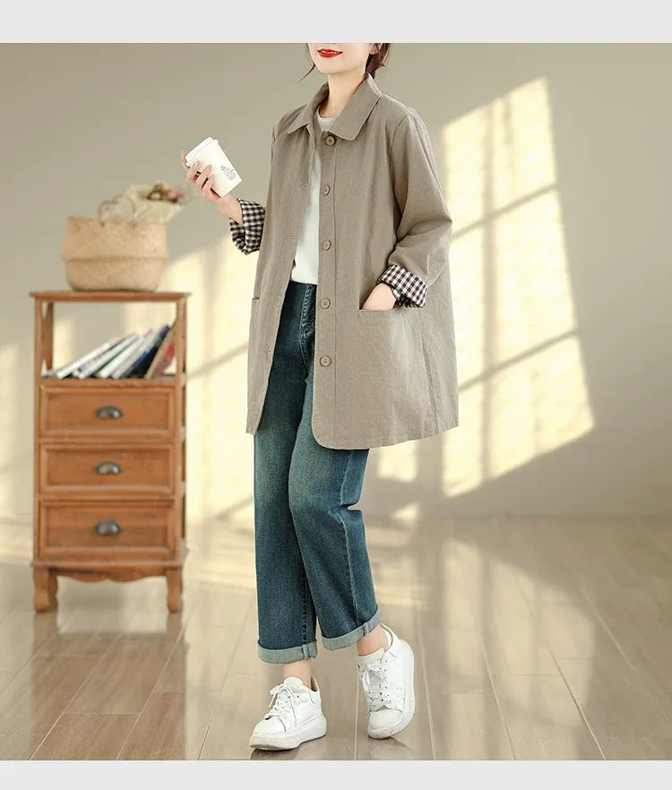 Relaxed Fit Check-Lined Shirt Collar Coat