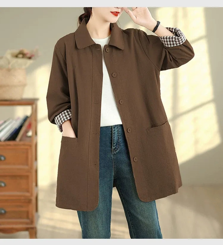 Relaxed Fit Check-Lined Shirt Collar Coat