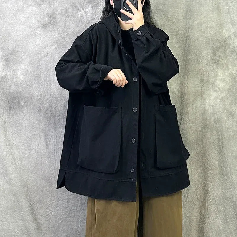 Relaxed Fit Hooded Utility Jacket with Patch Pockets - Black
