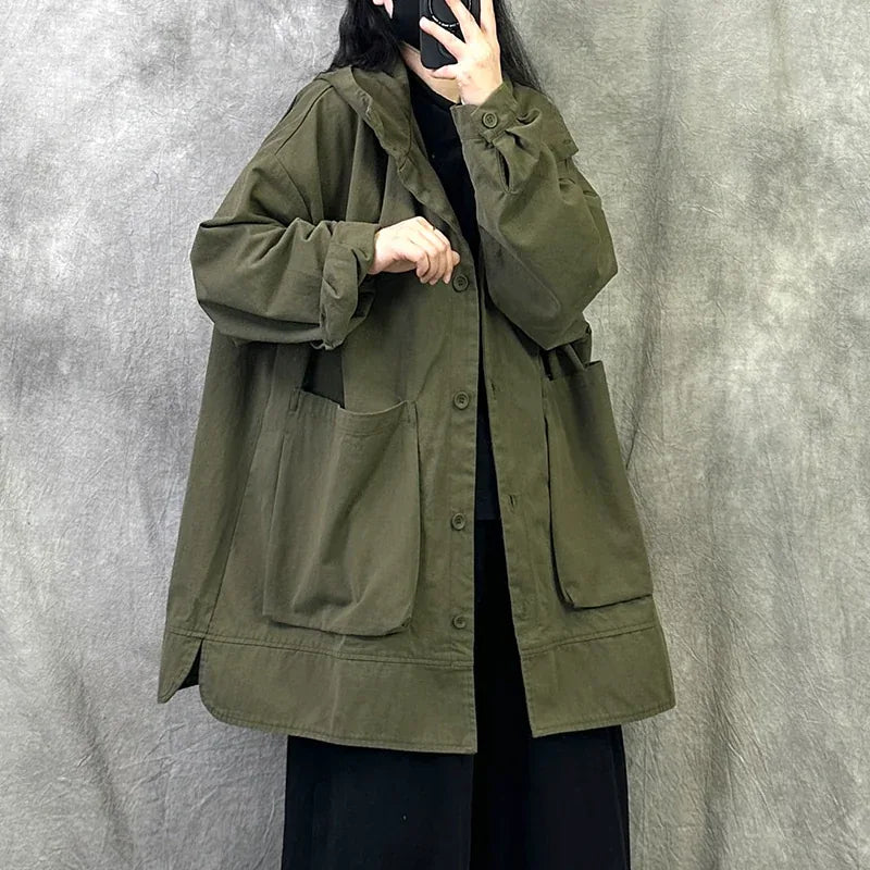 Relaxed Fit Hooded Utility Jacket with Patch Pockets - Olive Green