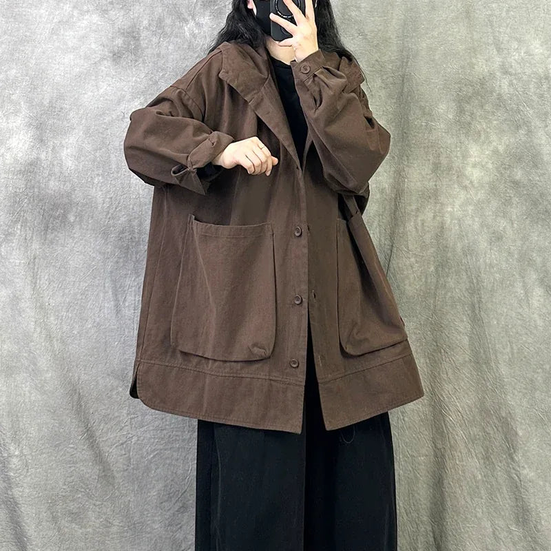 Relaxed Fit Hooded Utility Jacket with Patch Pockets - Brown