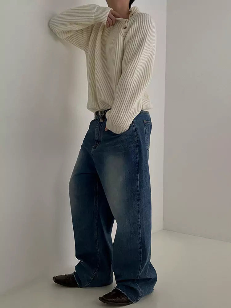 Relaxed Fit Mock Neck Knit Sweater with Slanted Button