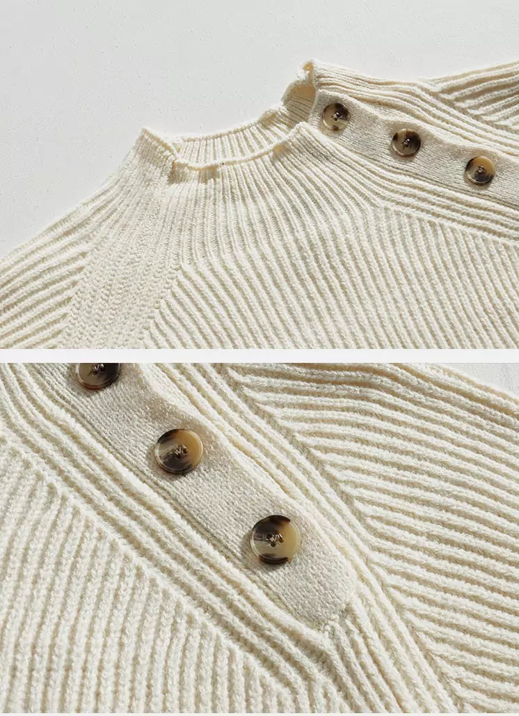 Relaxed Fit Mock Neck Knit Sweater with Slanted Button