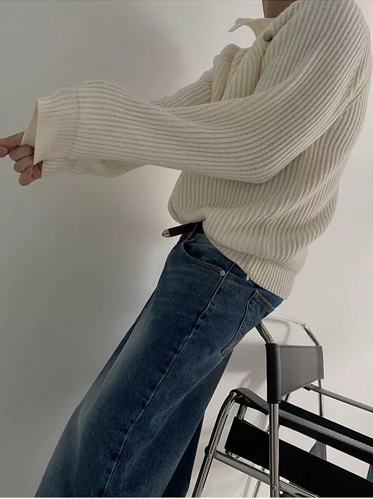 Relaxed Fit Mock Neck Knit Sweater with Slanted Button