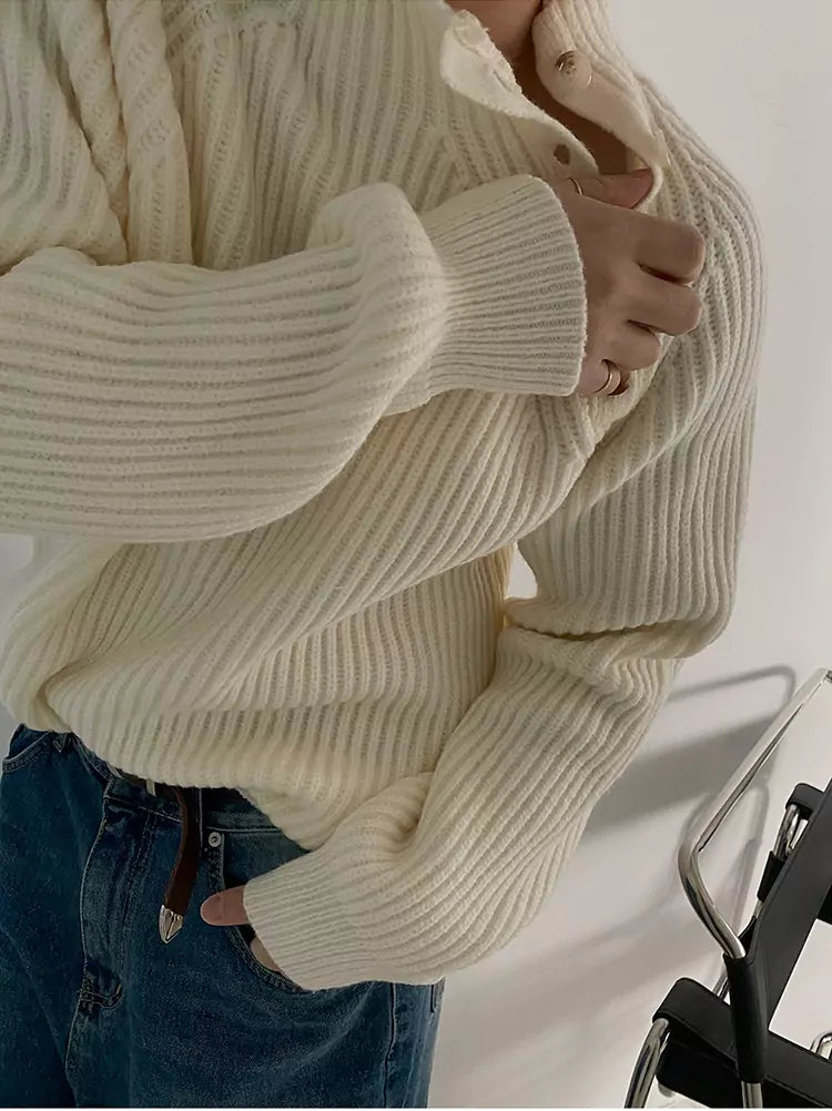 Relaxed Fit Mock Neck Knit Sweater with Slanted Button