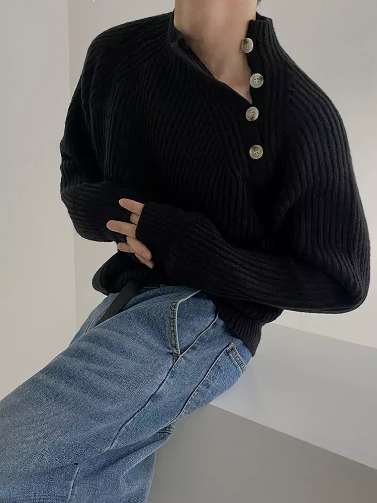 Relaxed Fit Mock Neck Knit Sweater with Slanted Button