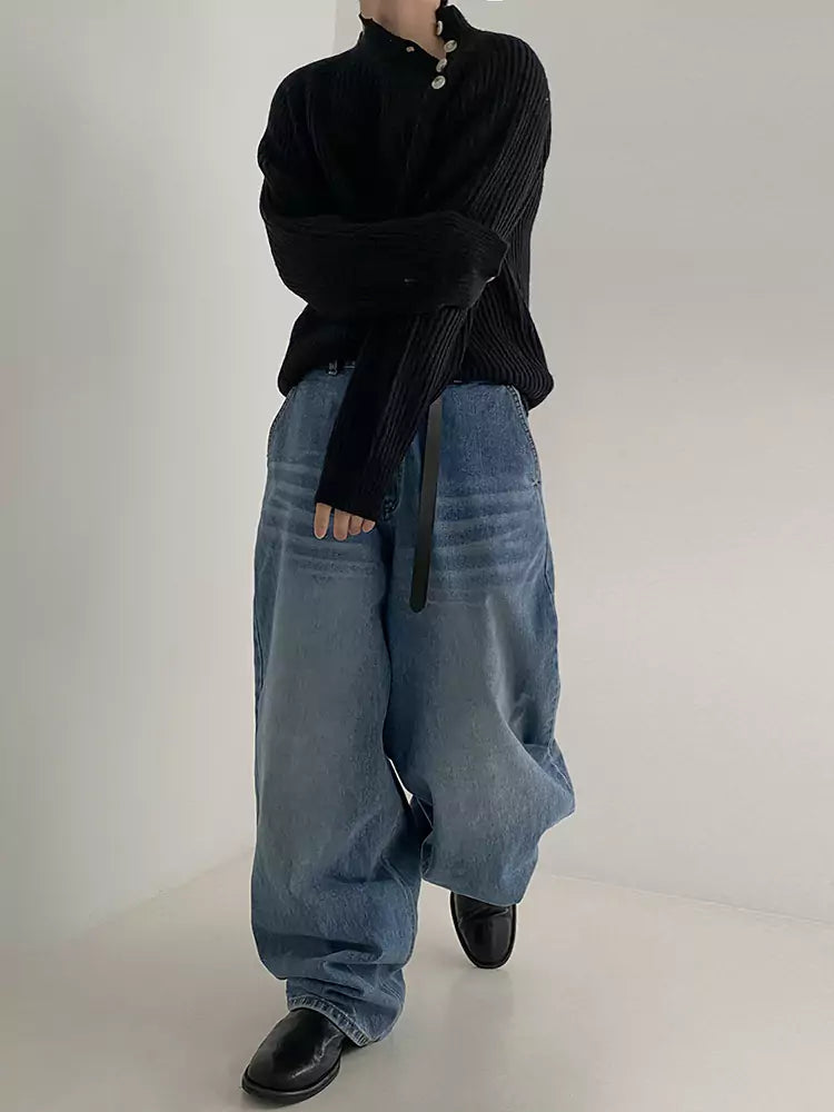 Relaxed Fit Mock Neck Knit Sweater with Slanted Button