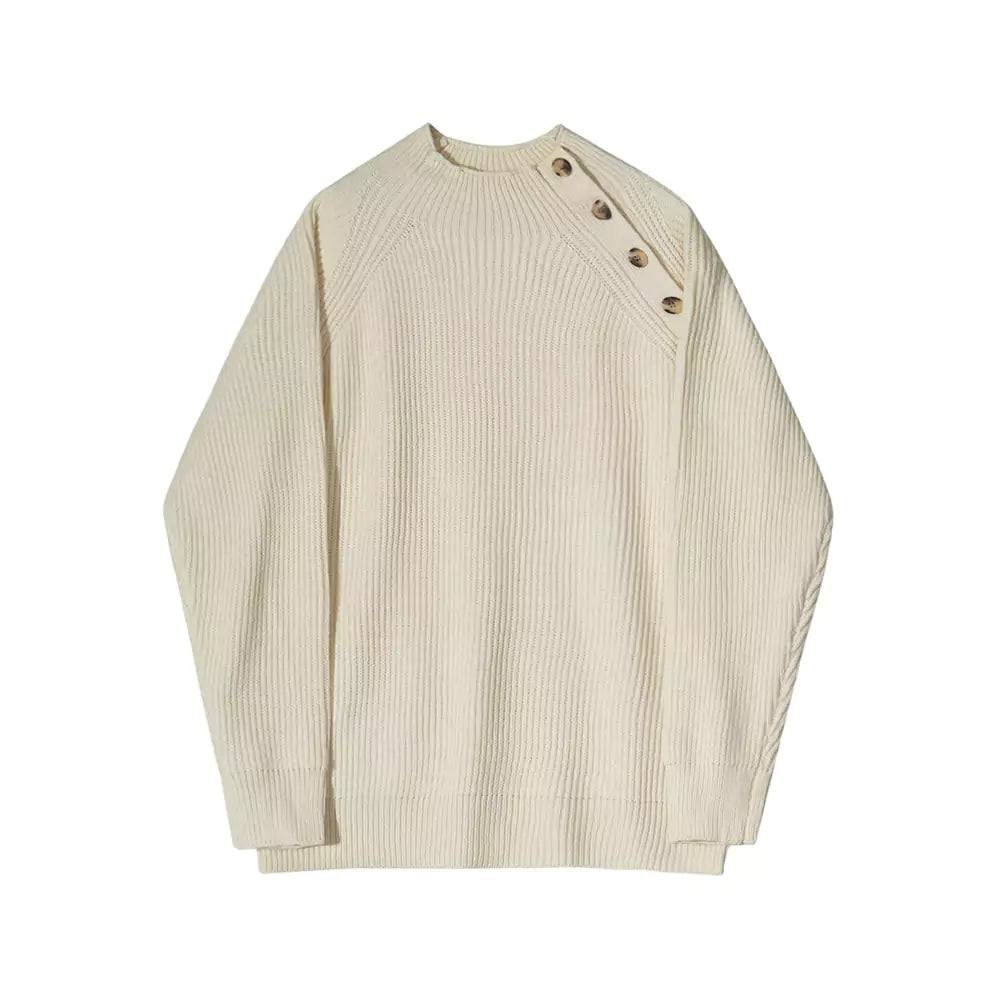Relaxed Fit Mock Neck Knit Sweater with Slanted Button