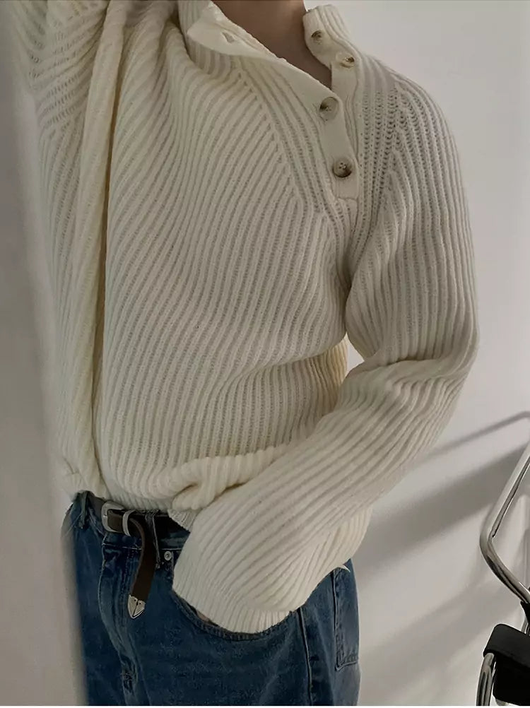 Relaxed Fit Mock Neck Knit Sweater with Slanted Button