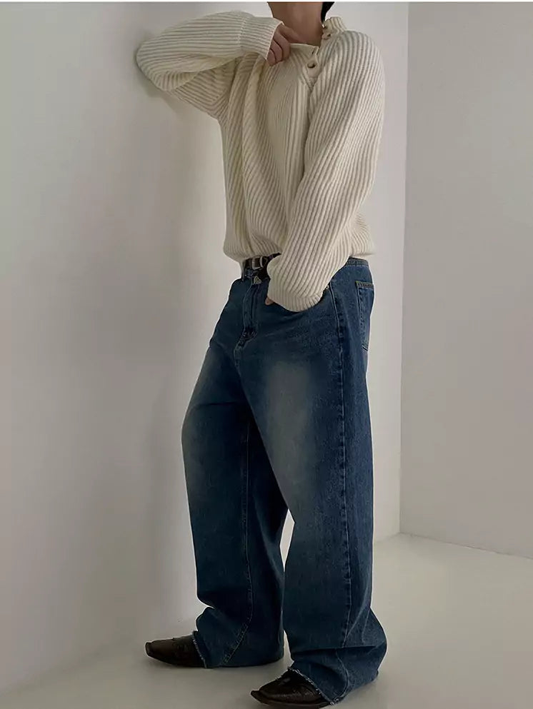 Relaxed Fit Mock Neck Knit Sweater with Slanted Button
