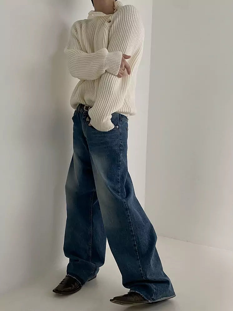 Relaxed Fit Mock Neck Knit Sweater with Slanted Button