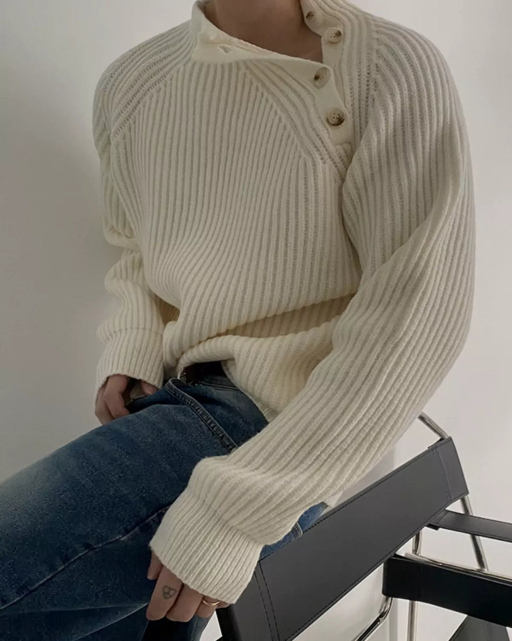 Relaxed Fit Mock Neck Knit Sweater with Slanted Button