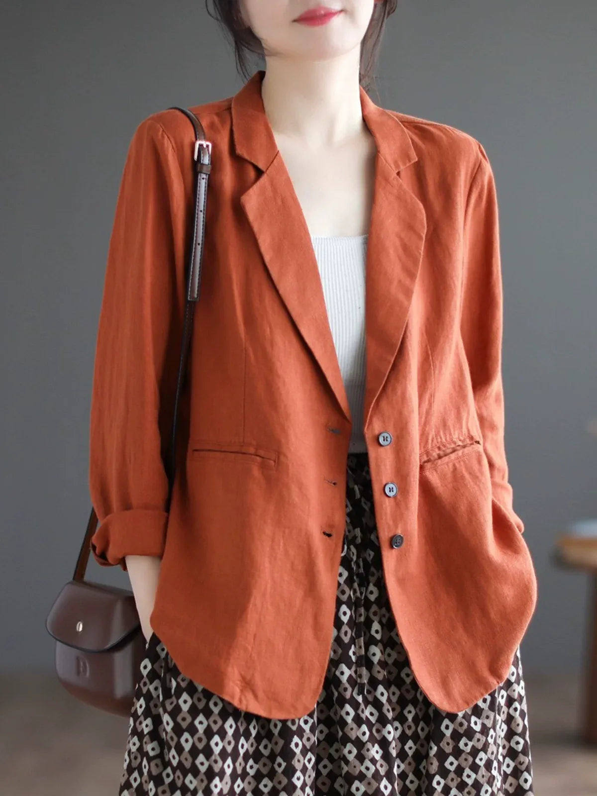 Relaxed Fit Notched Lapel Hemp Blazer Jacket