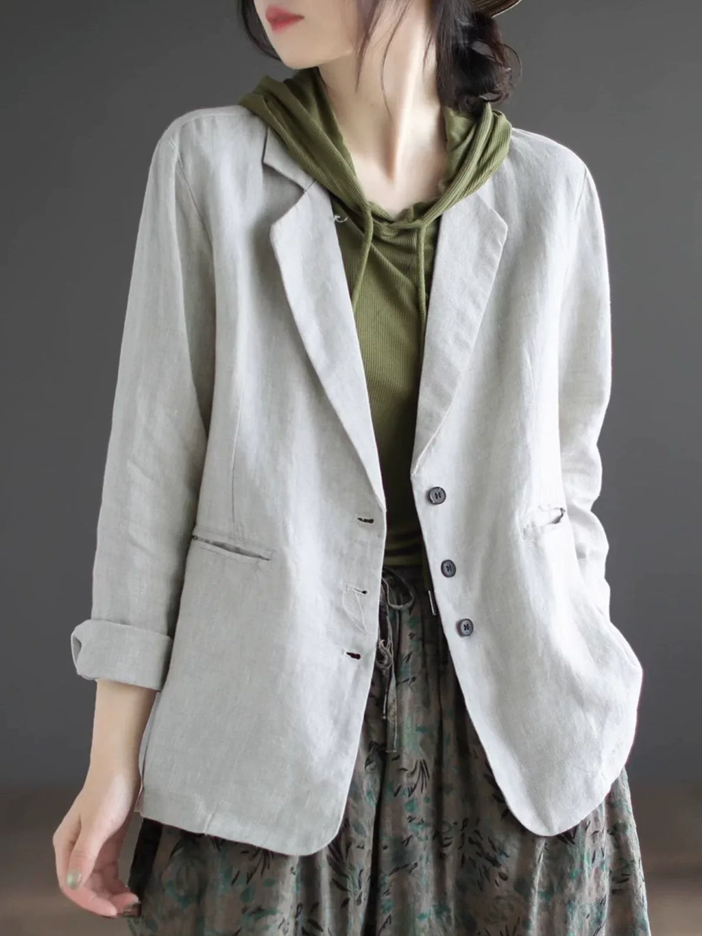Relaxed Fit Notched Lapel Hemp Blazer Jacket