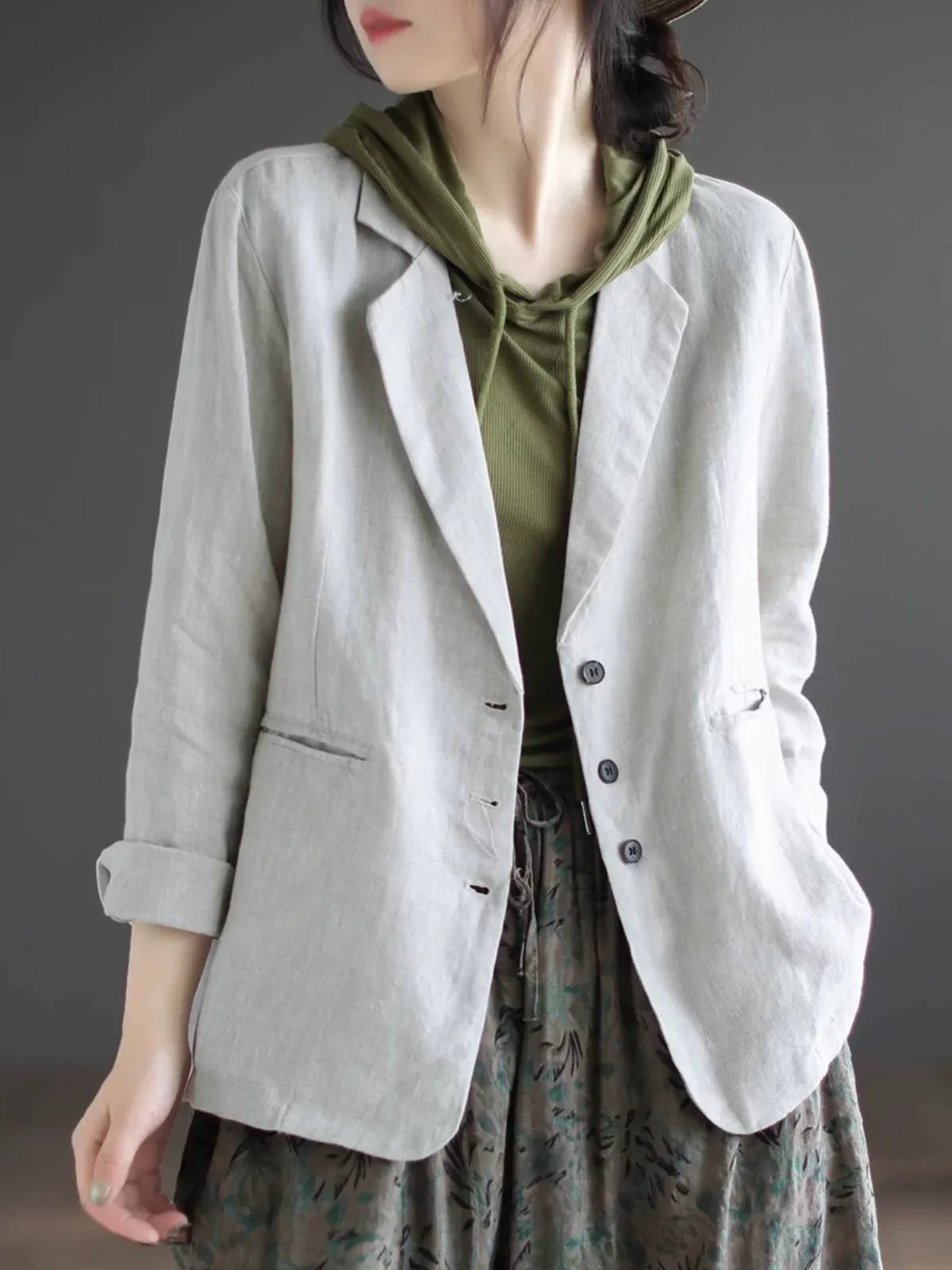 Relaxed Fit Notched Lapel Hemp Blazer Jacket
