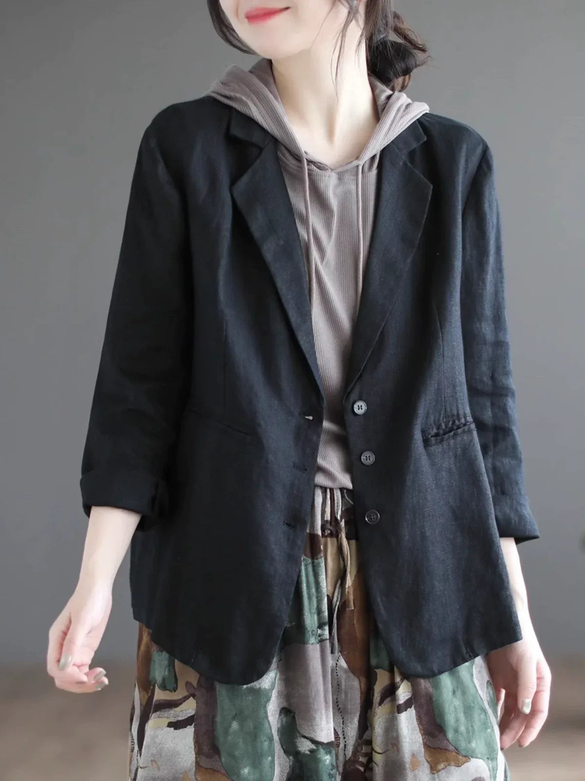 Relaxed Fit Notched Lapel Hemp Blazer Jacket
