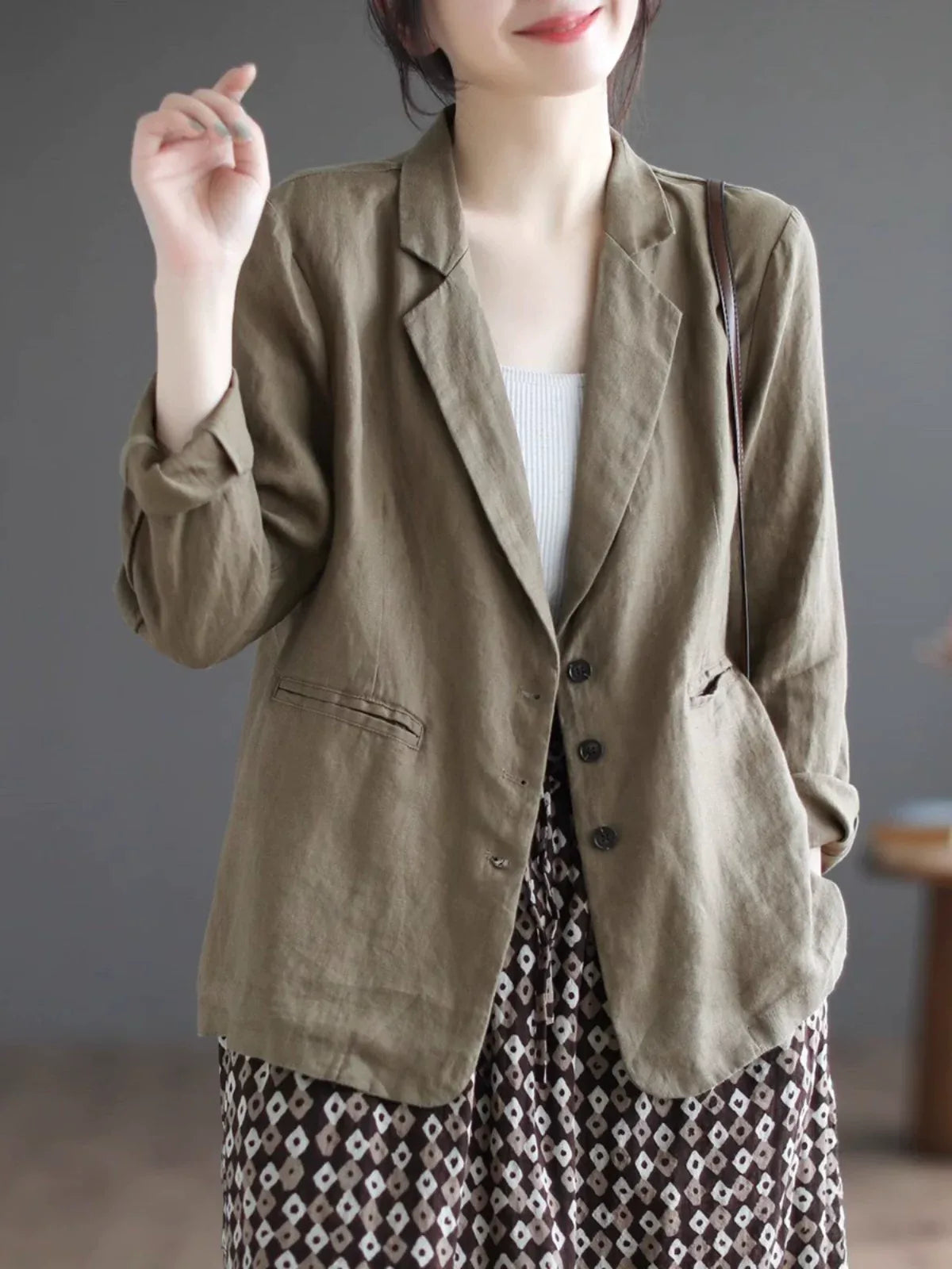 Relaxed Fit Notched Lapel Hemp Blazer Jacket