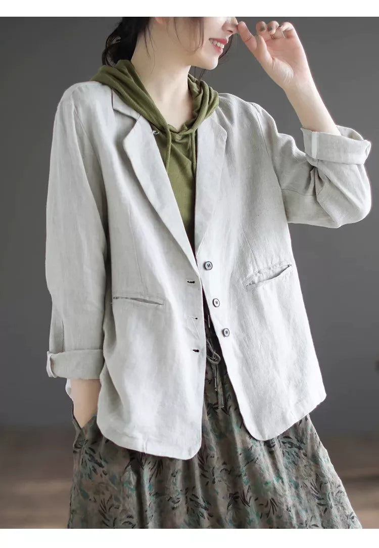 Relaxed Fit Notched Lapel Hemp Blazer Jacket