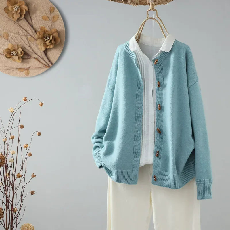 Relaxed Fit Round Neck Knit Cardigan with Wood-Tone Buttons