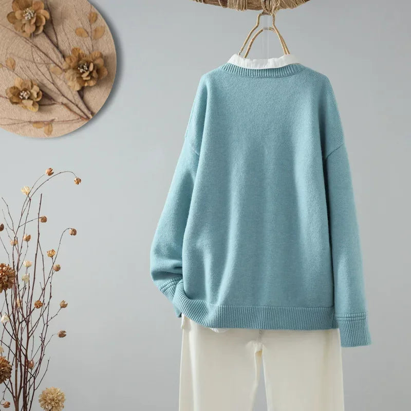 Relaxed Fit Round Neck Knit Cardigan with Wood-Tone Buttons