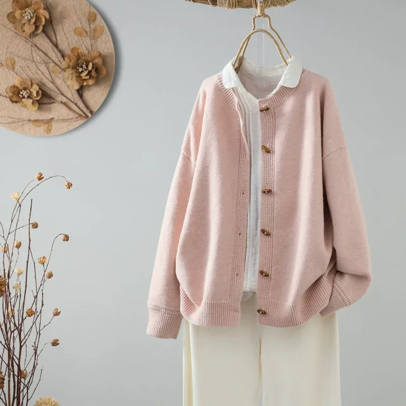 Relaxed Fit Round Neck Knit Cardigan with Wood-Tone Buttons