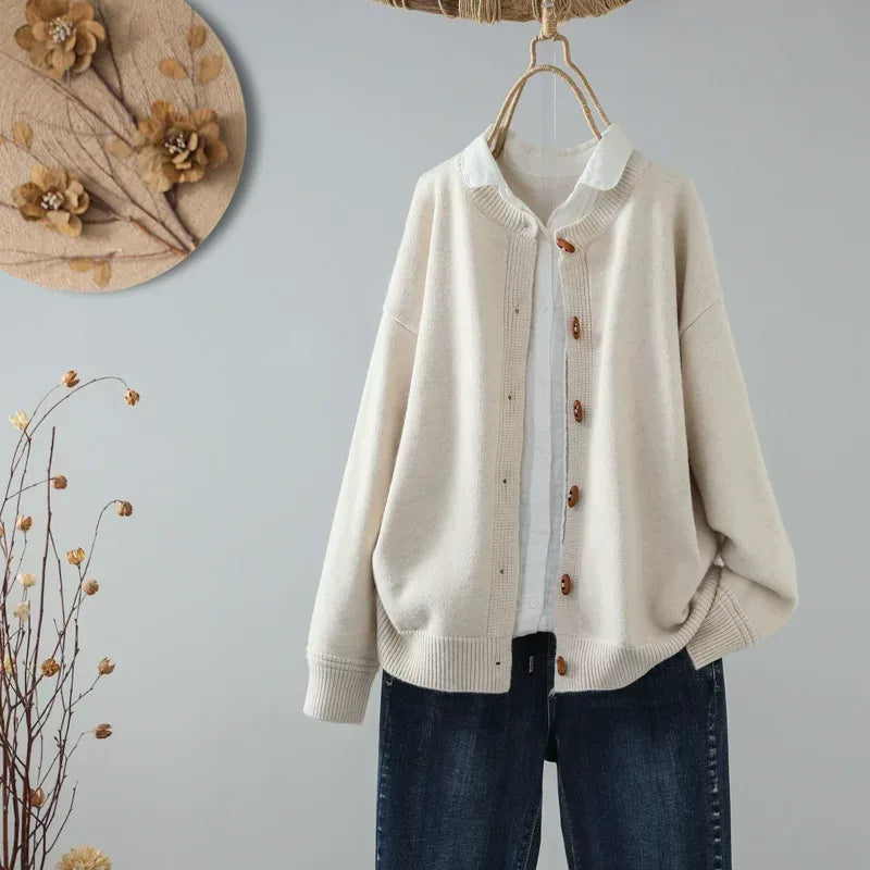 Relaxed Fit Round Neck Knit Cardigan with Wood-Tone Buttons