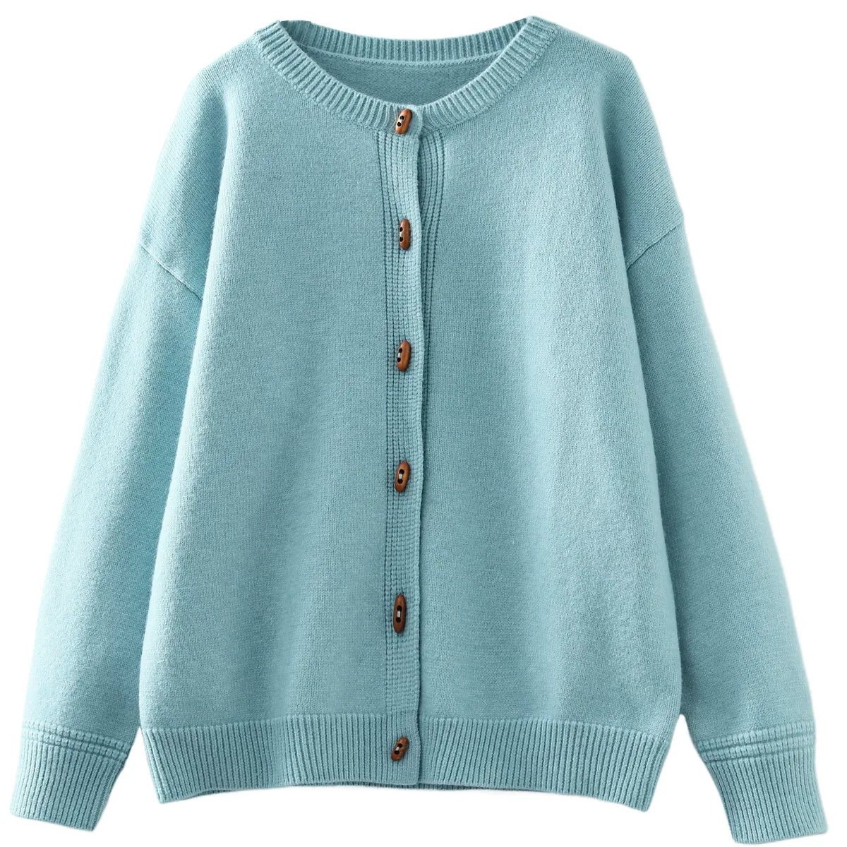 Relaxed Fit Round Neck Knit Cardigan with Wood-Tone Buttons