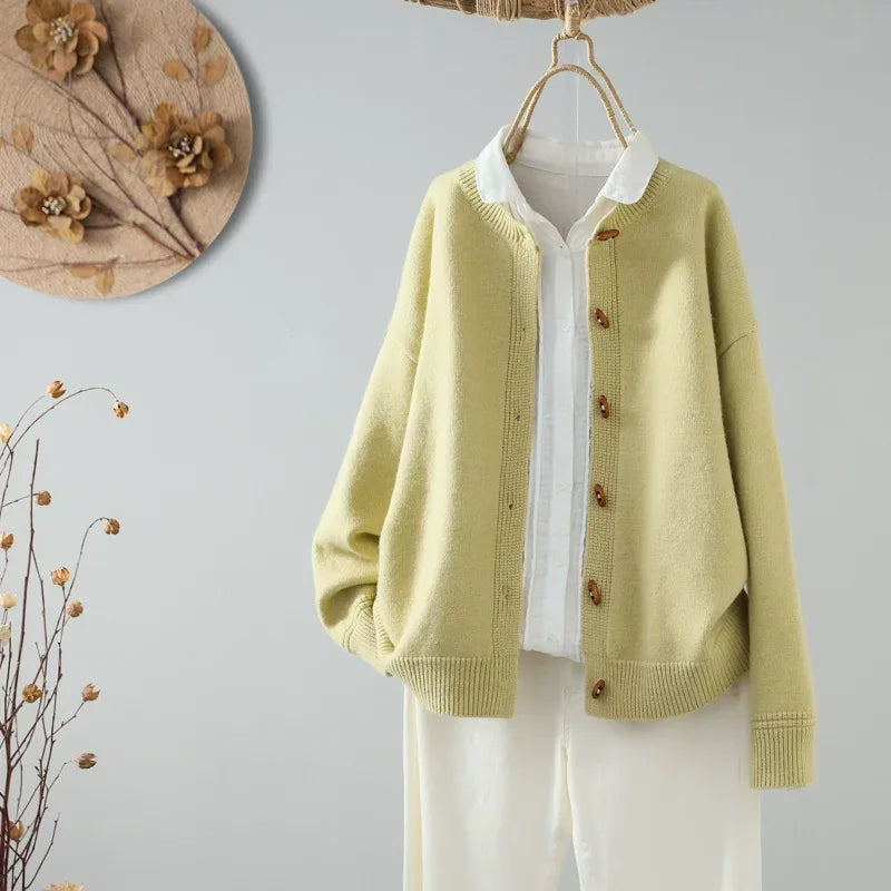 Relaxed Fit Round Neck Knit Cardigan with Wood-Tone Buttons