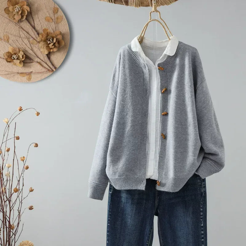 Relaxed Fit Round Neck Knit Cardigan with Wood-Tone Buttons