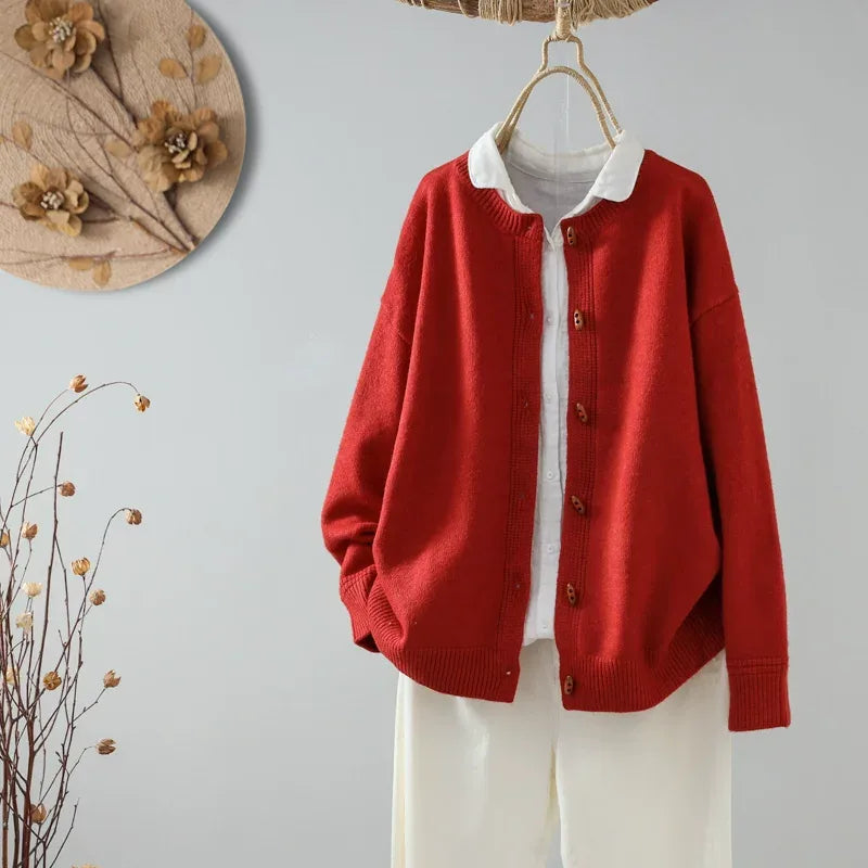 Relaxed Fit Round Neck Knit Cardigan with Wood-Tone Buttons