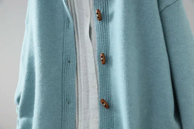 Relaxed Fit Round Neck Knit Cardigan with Wood-Tone Buttons
