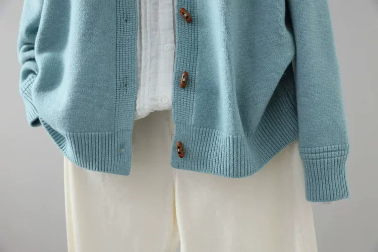 Relaxed Fit Round Neck Knit Cardigan with Wood-Tone Buttons