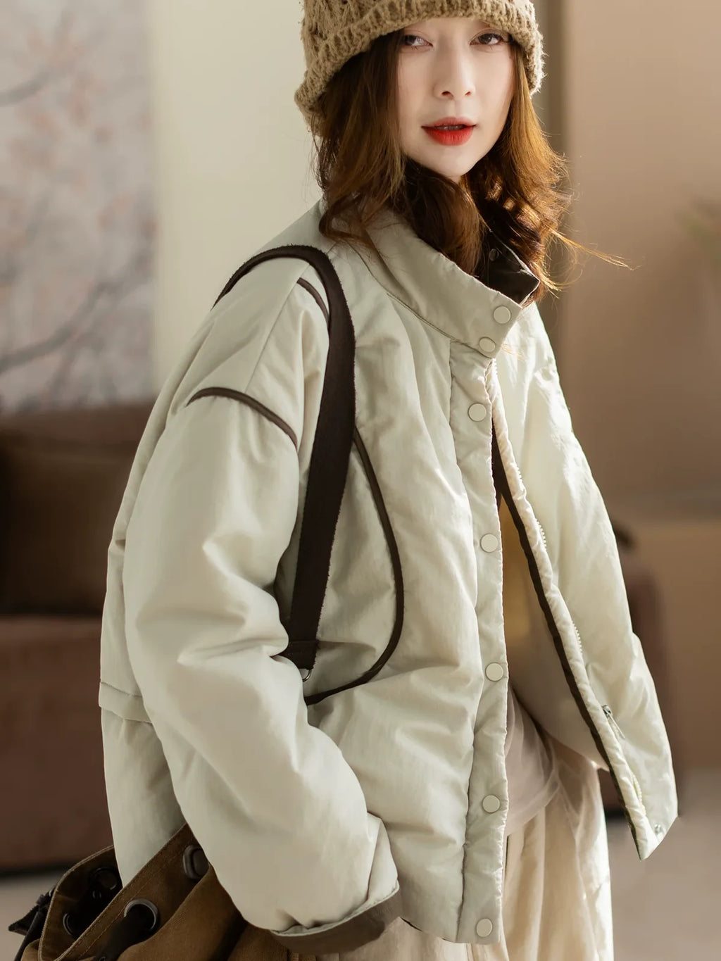 Relaxed Fit Stand Collar Padded Jacket with Snap Buttons