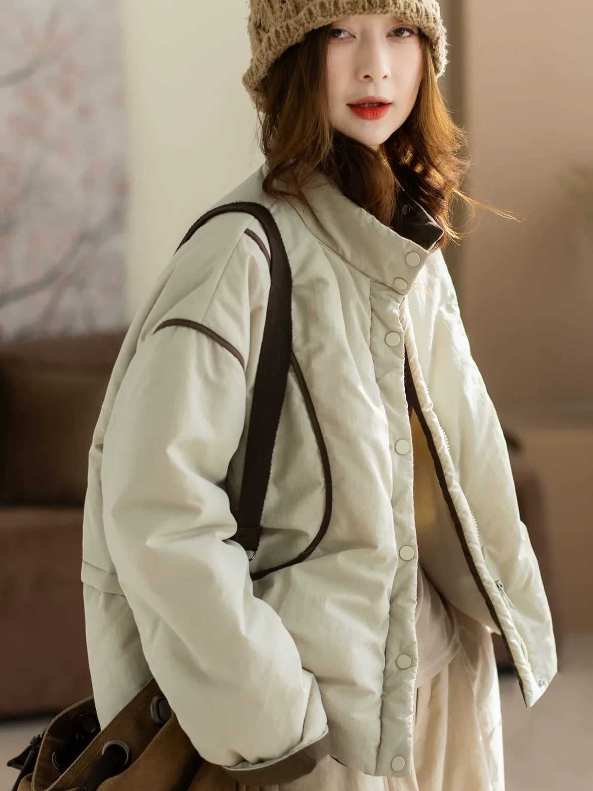 Relaxed Fit Stand Collar Padded Jacket with Snap Buttons