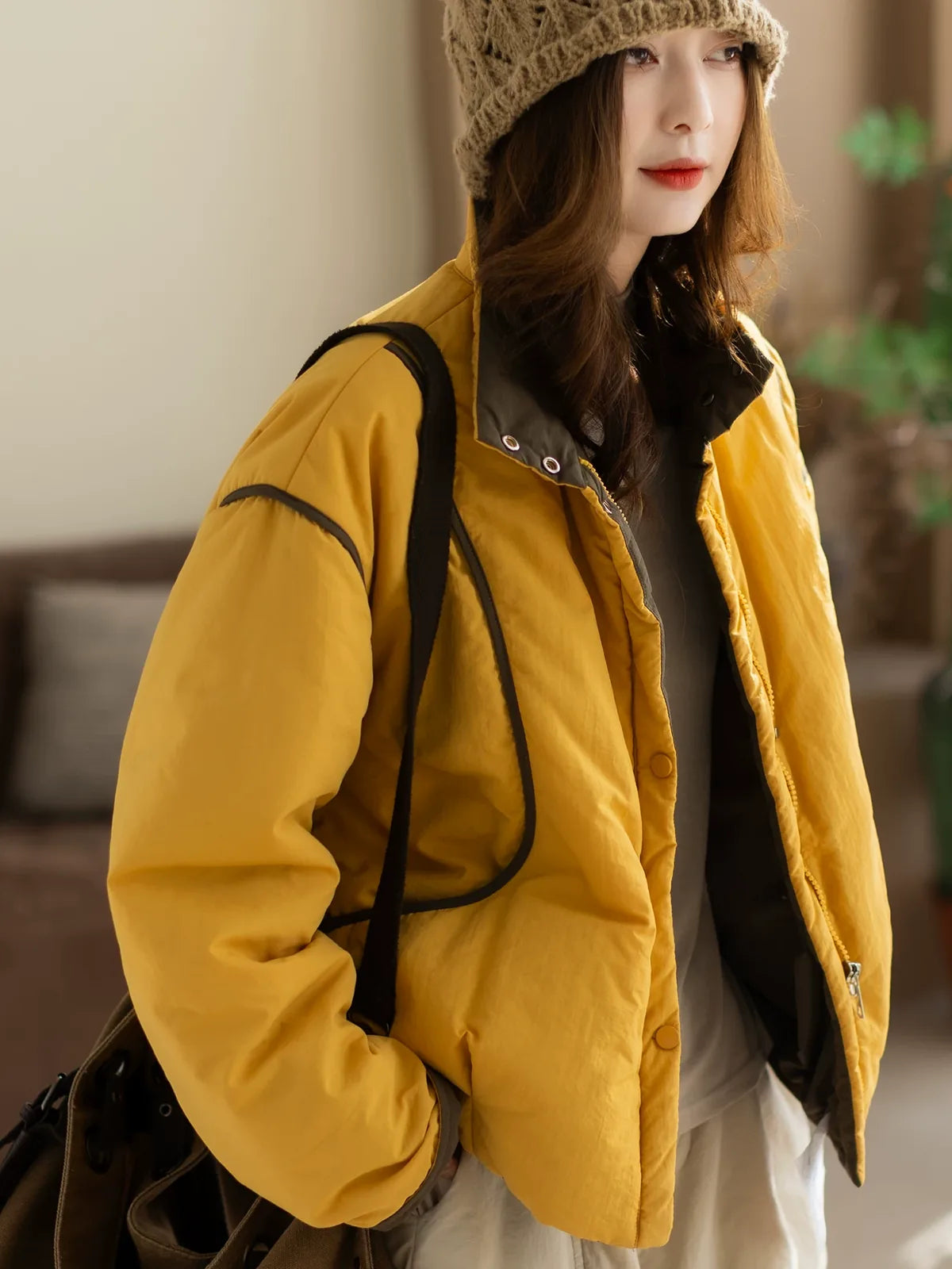 Relaxed Fit Stand Collar Padded Jacket with Snap Buttons