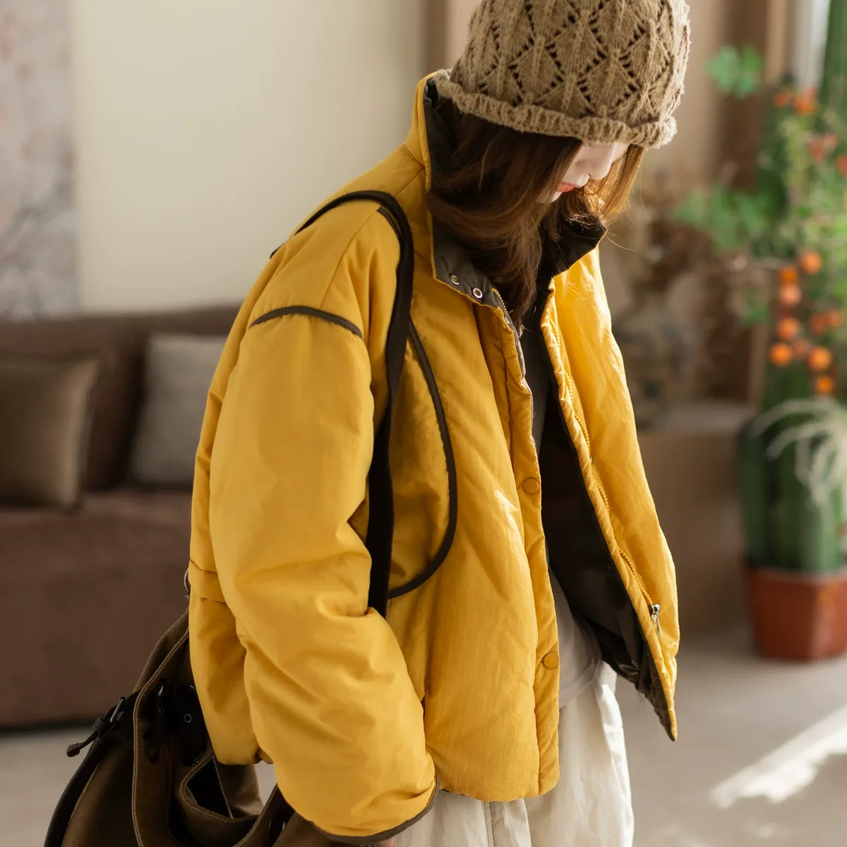 Relaxed Fit Stand Collar Padded Jacket with Snap Buttons