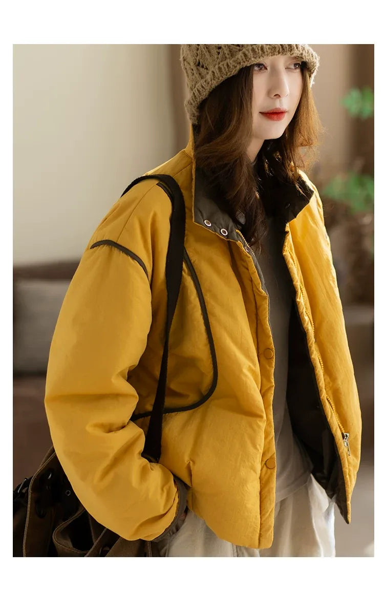 Relaxed Fit Stand Collar Padded Jacket with Snap Buttons