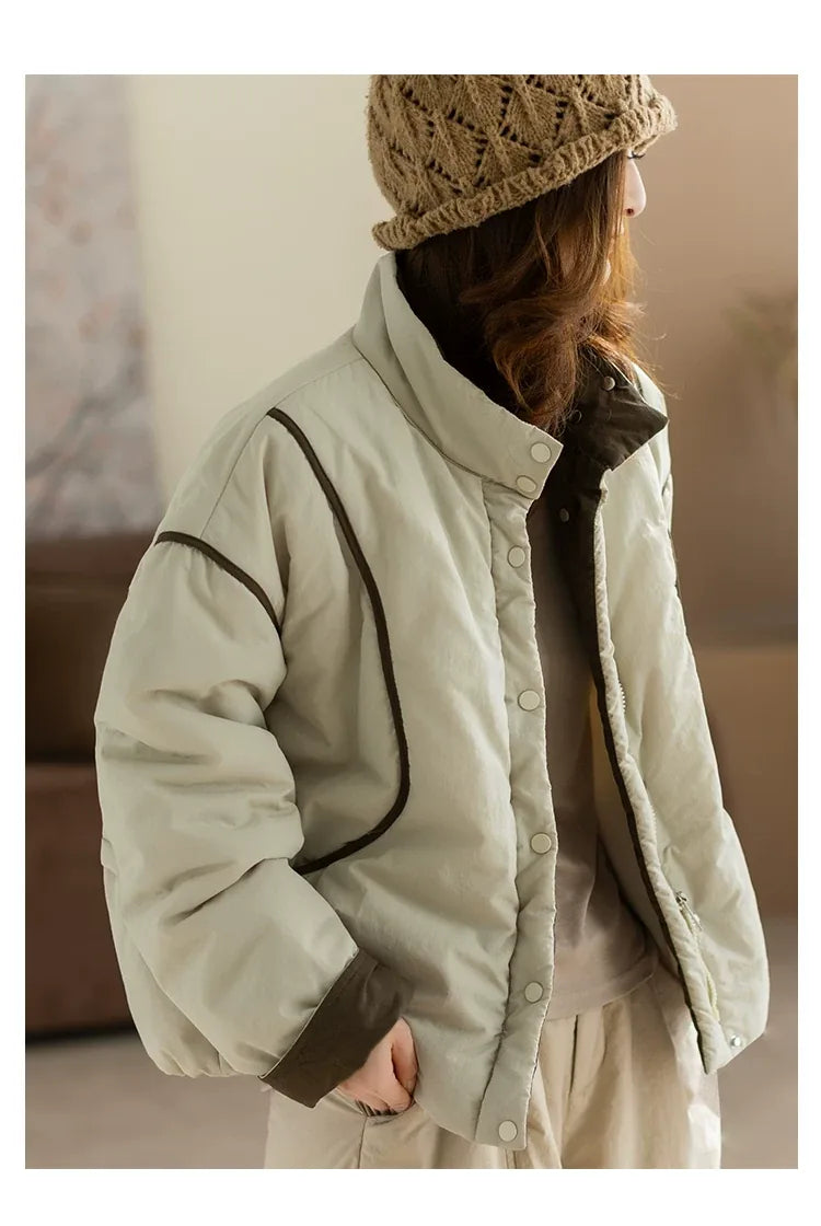 Relaxed Fit Stand Collar Padded Jacket with Snap Buttons