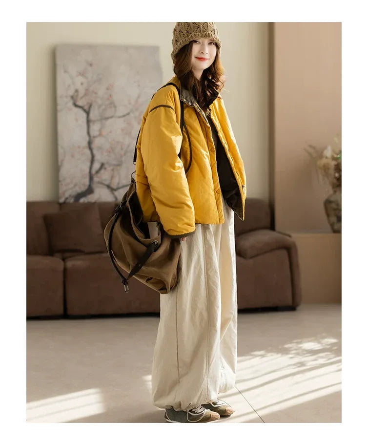 Relaxed Fit Stand Collar Padded Jacket with Snap Buttons