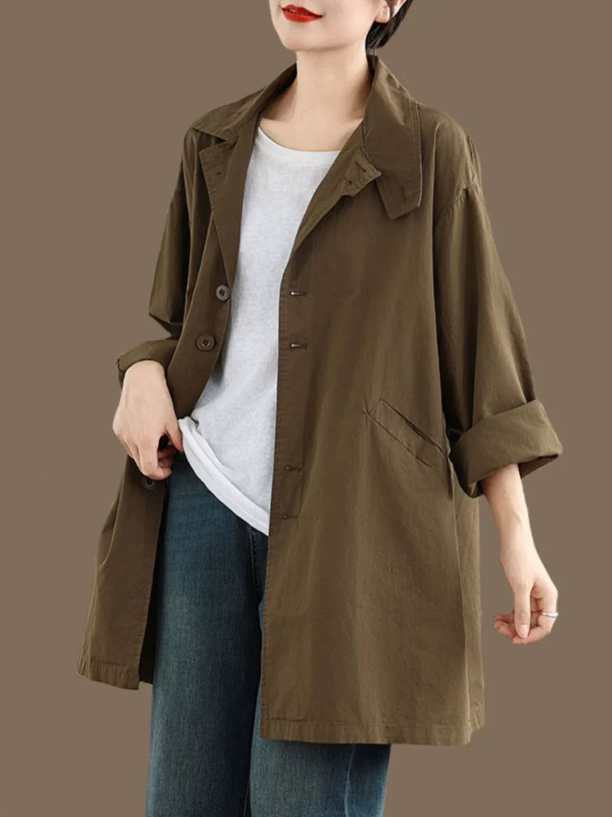 Relaxed Fit Trench Style Jacket with Slanted Pockets